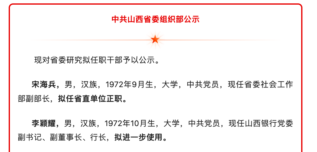 拥有30余年金融从业经验，山西银行行长李颖耀拟进一步使用